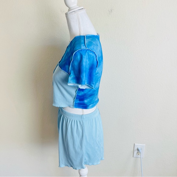 Blue Tie Dye Ribbed Patch Work Lettuce Trim Short Sleeve Crop Top & Shorts Set - Picture 3 of 5